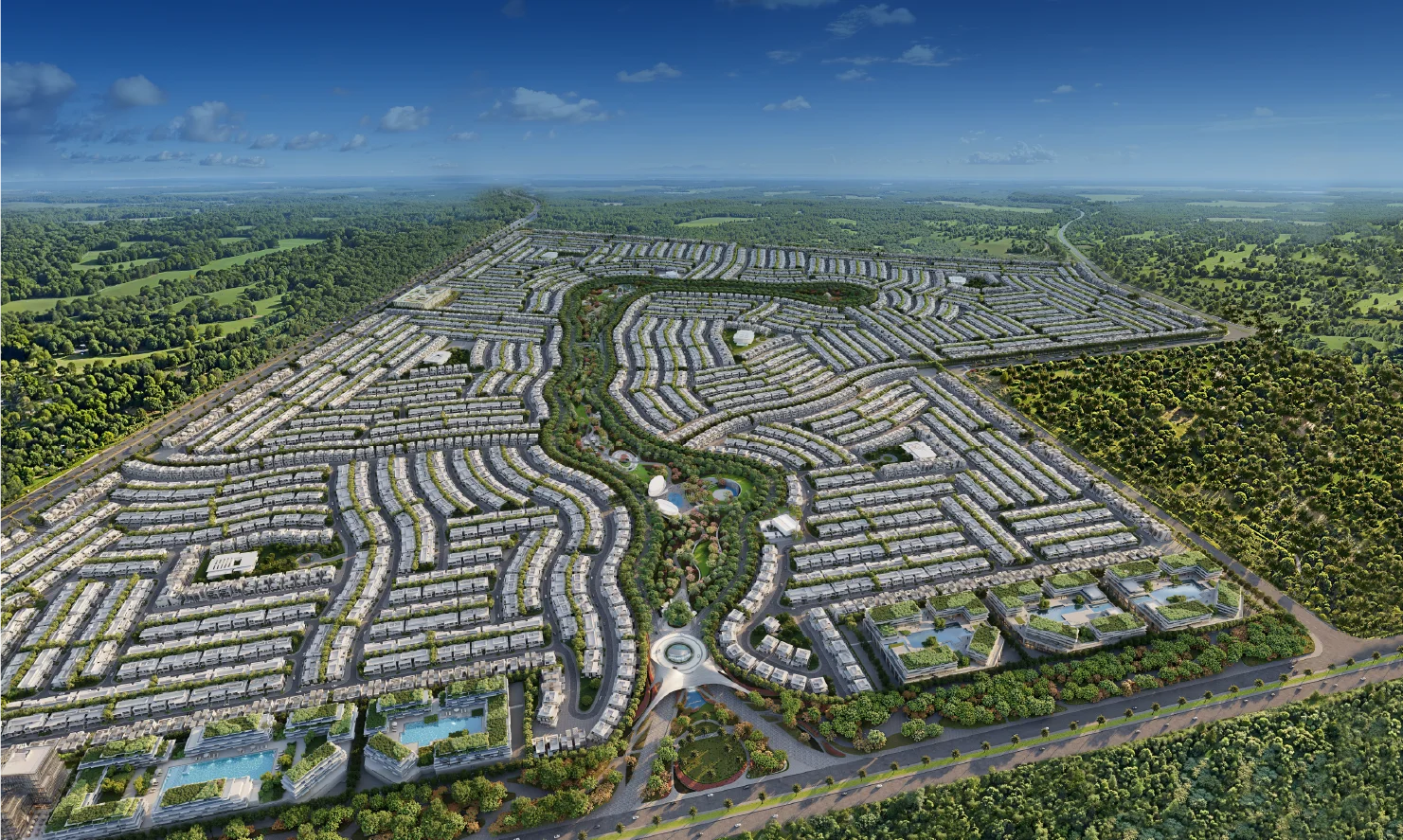 Aerial masterplan of Azizi Florence with homes arranged around the Signature Central Park